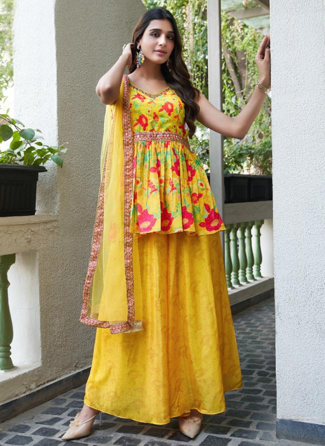 Chiffon Yellow Party Wear Printed Readymade Plazzo Suit